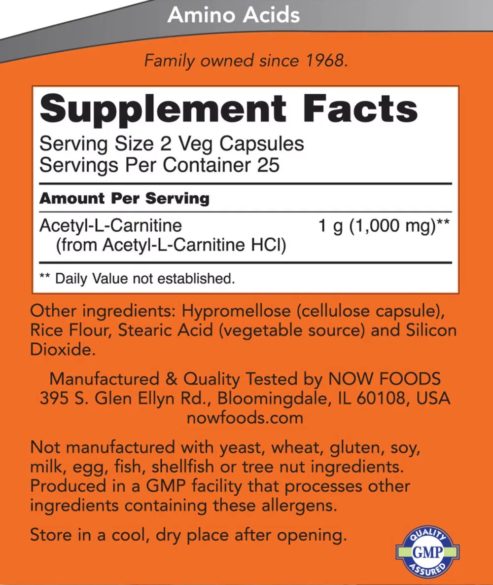 Now Foods Acetyl-L-Carnitine 500 mg (50 Veg Capsules)