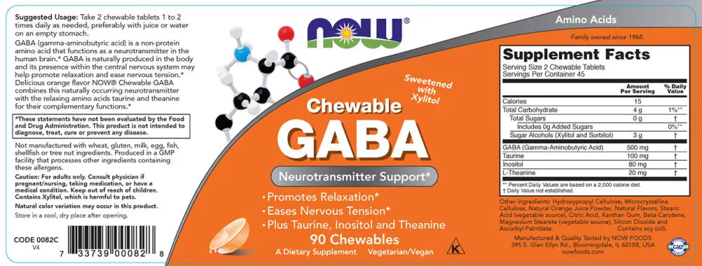 Now Foods GABA Orange Flavor Chewable Tablets (90 Chewables)