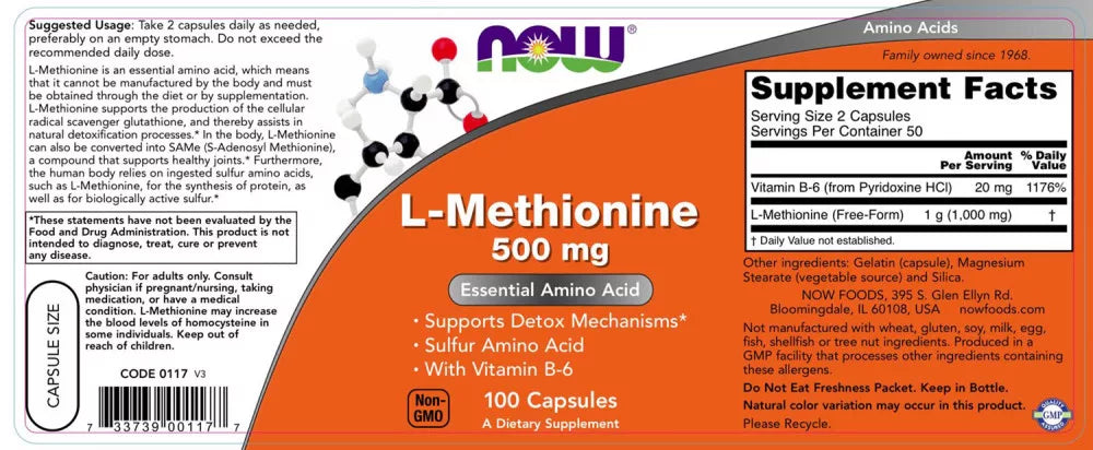 Now Foods L-Methionine 500 mg (100 Capsules)