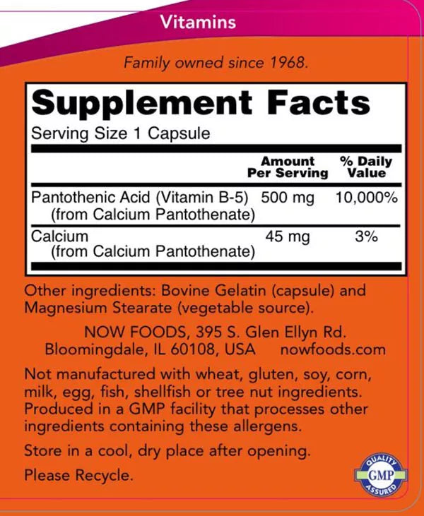 Now Foods Pantothenic Acid 500 mg Veg Capsules (100 Veg Capsules)