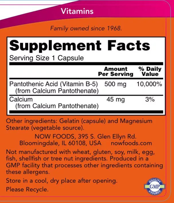 Now Foods Panthotenic Acid 500 MG (250 Capsules)