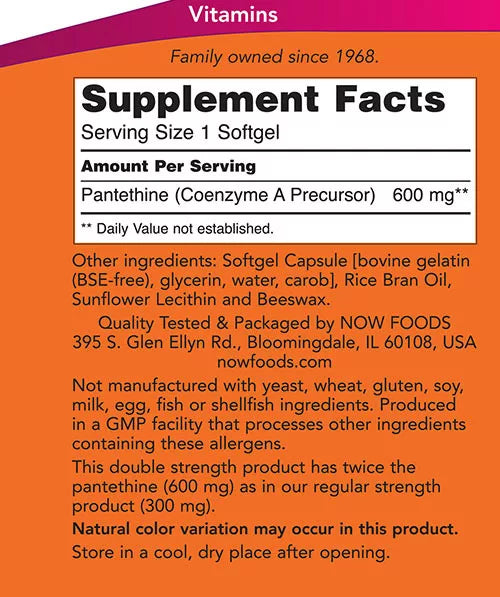 Now Foods Pantethine 600 mg (60 Softgels)