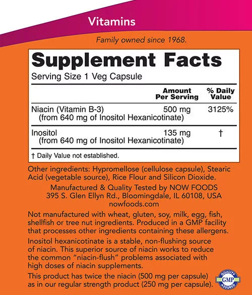 Now Foods Niacin 500 mg, Double Strength Flush-Free Veg Capsules (90 Veg Capsules)