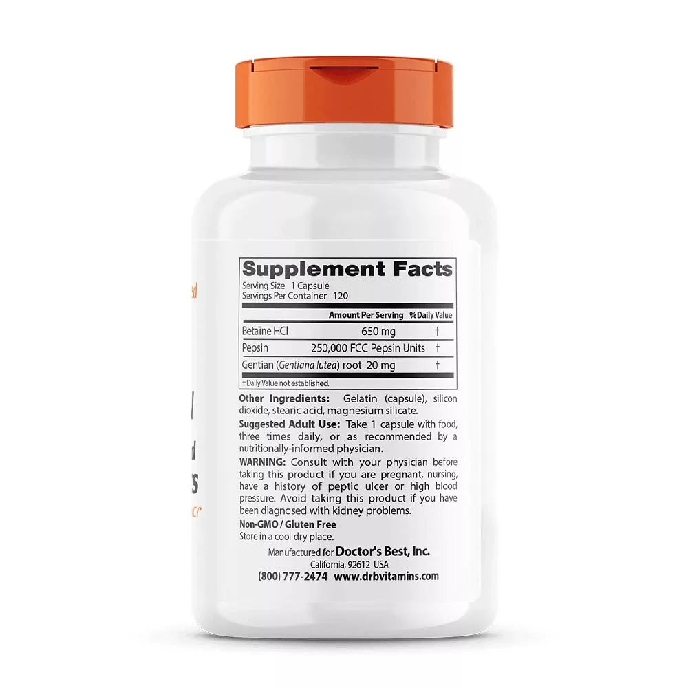 Doctor's Best Betaine HCL Pepsin & Gentian Bitters (120 Capsules)