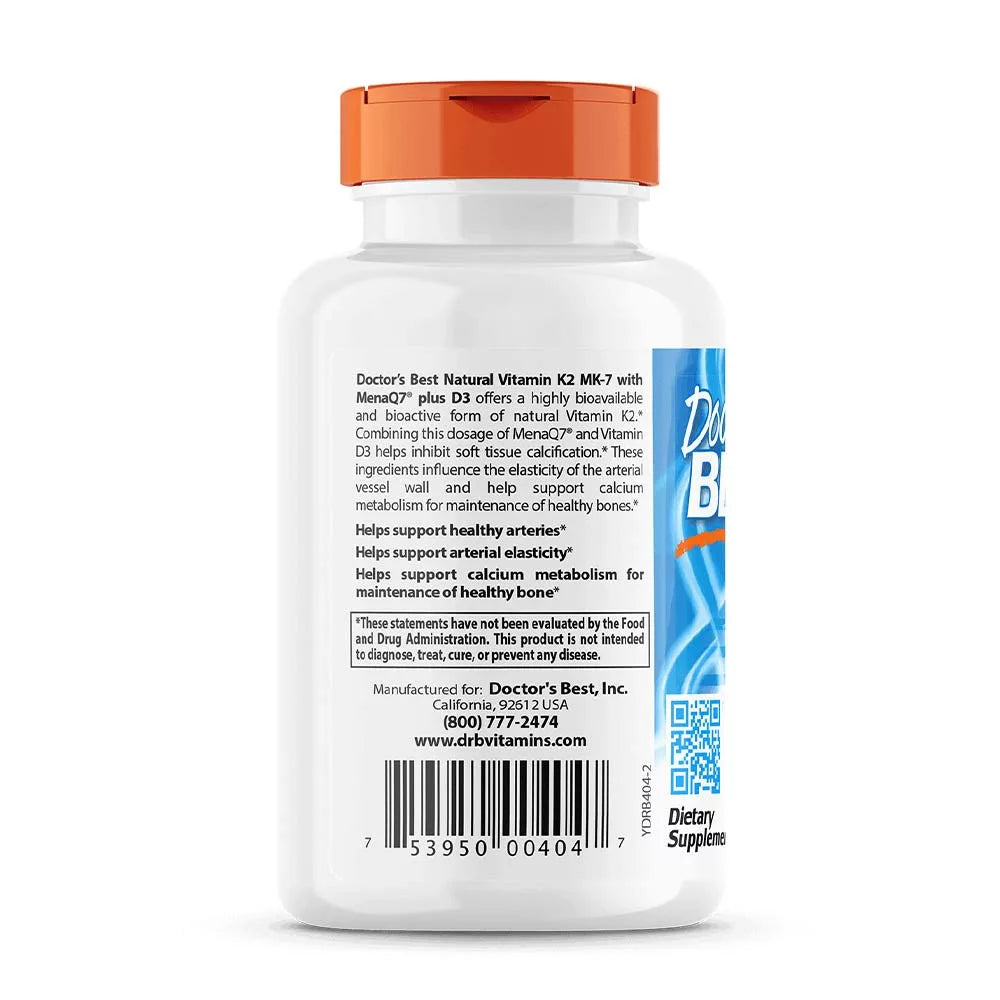 Doctor's Best Natural Vitamin K2 (MK7) 180 mcg + D3 1000 IU (60 Veggie Capsules)