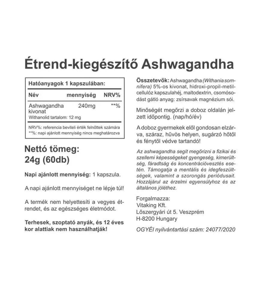 Vitaking Ashwagandha Extract 240 mg (60 Capsules)