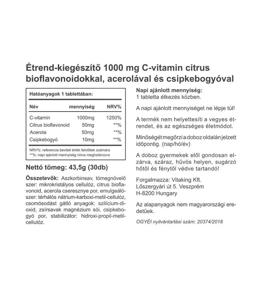 Vitaking Vitamin C 1000 mg with 50 mg Citrus Bioflavonoids and Acerola (30 Tablets)