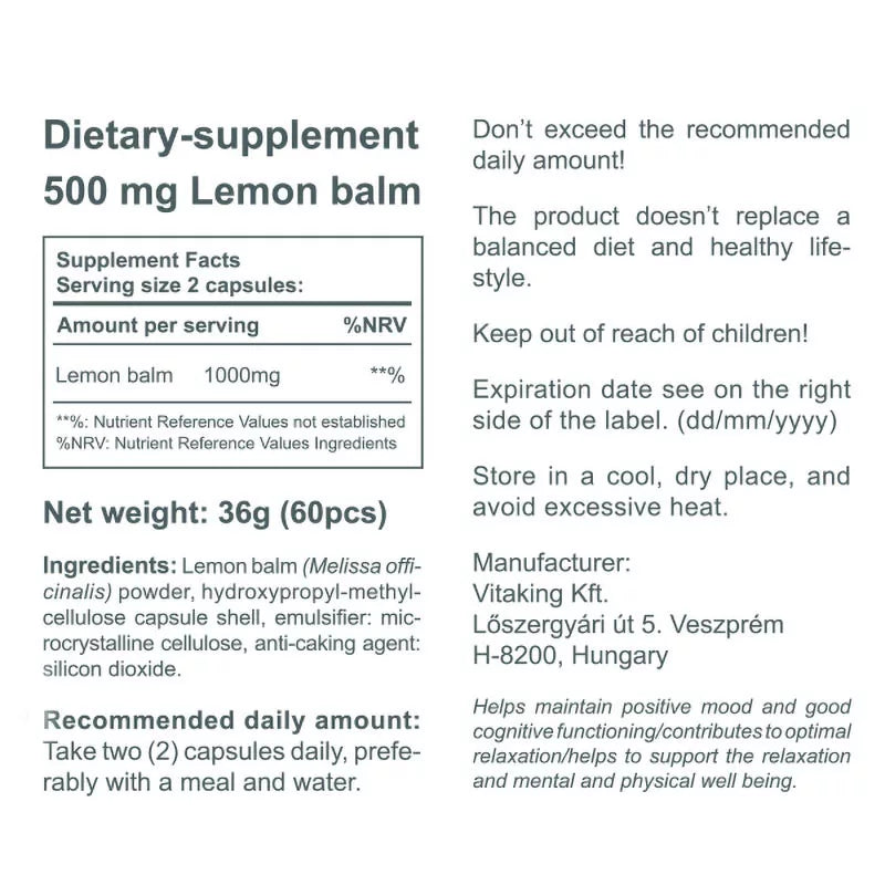 Vitaking Lemon Balm 500 mg (60 Capsules)