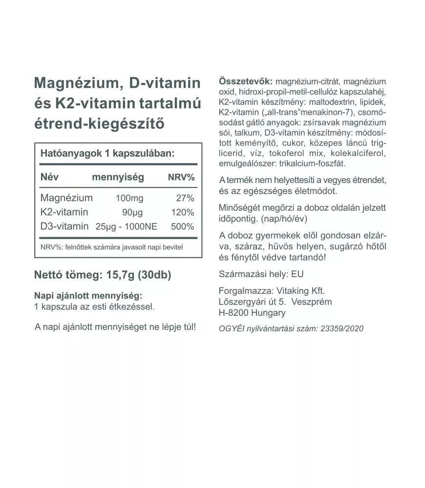 Vitaking MagneTrio D3+K2+ Magnesium Bisglycinate (30 Capsules)