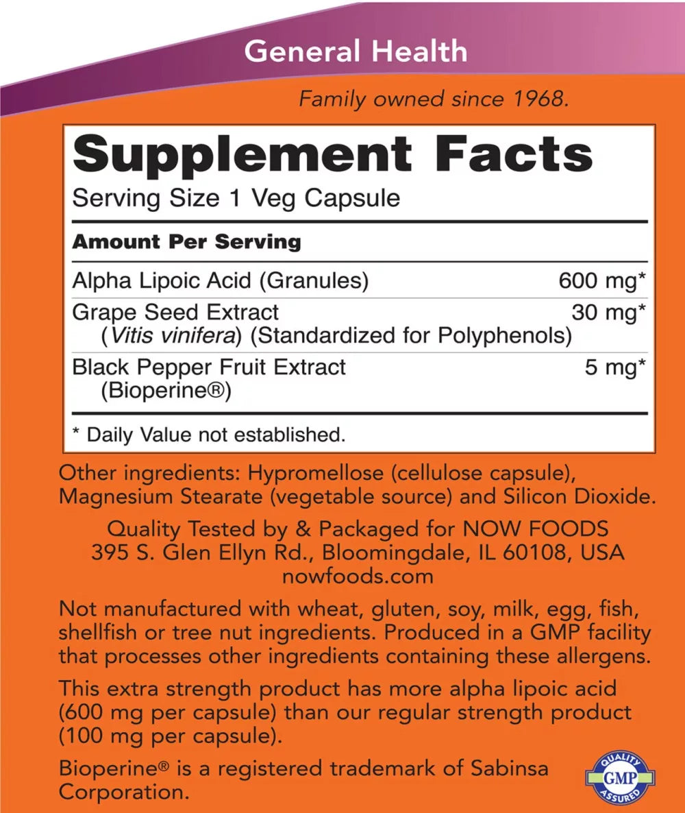Now Foods Alpha Lipoic Acid, Extra Strength 600 mg (60 Veg Capsules)