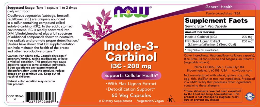 Now Foods Indole-3-Carbinol (I3C) 200 mg (60 Veg Capsules)