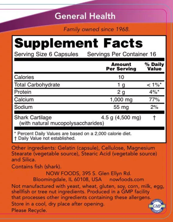 Now Foods Shark Cartilage 750 mg (100 Capsules)