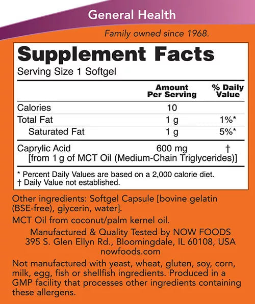 Now Foods Caprylic Acid 600 mg Softgels (100 Softgels)
