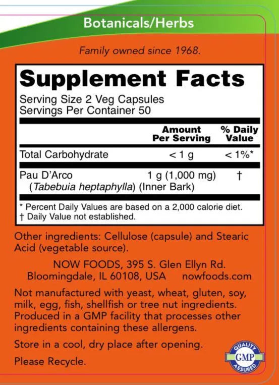 Now Foods Pau D' Arco 500 mg (100 Veg Capsules)