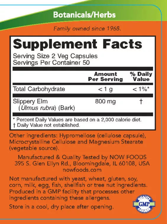 Now Foods Slippery Elm 400 mg (100 Veg Capsules)