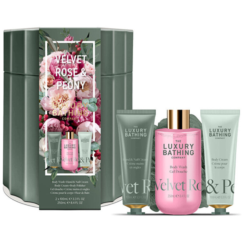 Rose &amp; Peony Bath Care Set ( Růže &amp; Pivoňka ) - Dárková sada tělové péče v plechové dóze ( 4 ks )