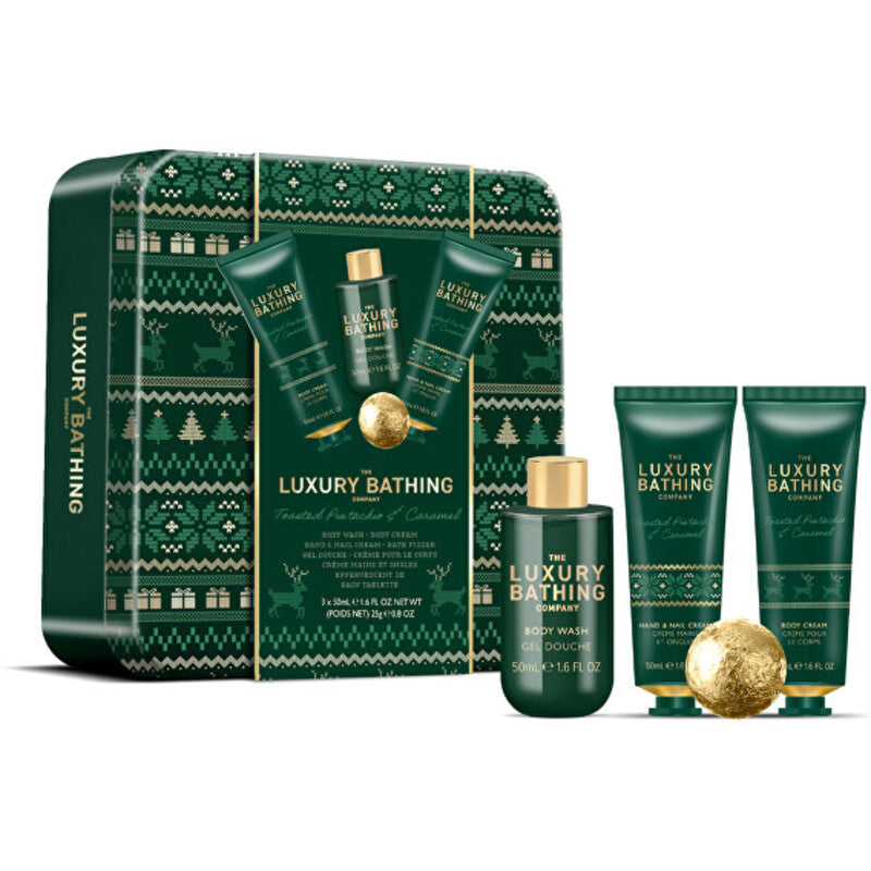 Shower Body Care Set ( Pistácie &amp; Karamel ) - Dárková sada péče o tělo v plechové dóze ( 4 ks )