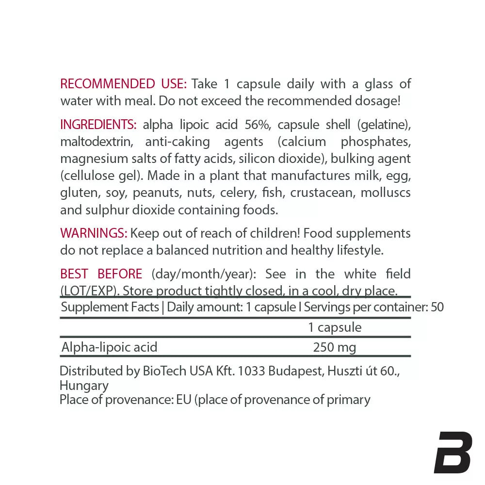 BioTechUSA ALA - 250 mg alpha lipoic acid (50 Capsules)