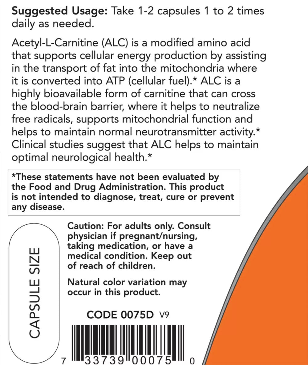 Now Foods Acetyl-L-Carnitine 500 mg (50 Veg Capsules)