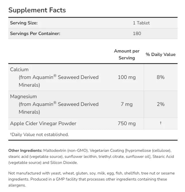 Now Foods Apple Cider Vinegar 750 mg (180 Tablets)