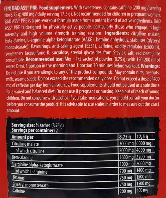 Bad Ass Nutrition Pre Sample (1 Sachet, Lychee)