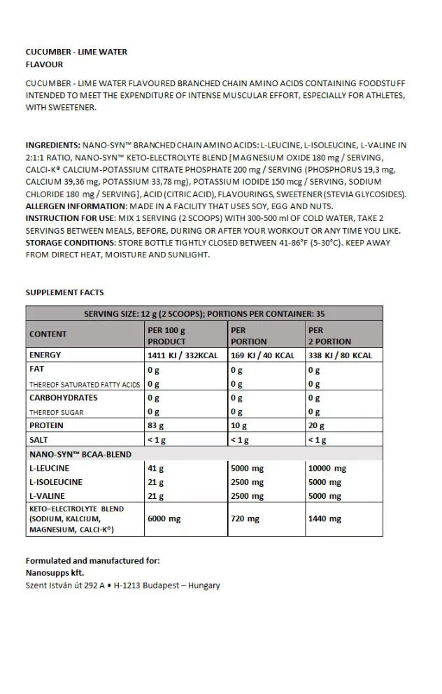 Nanosupps Amino Acid BCAA Nano (420 g, Cucumber-Lime Water)