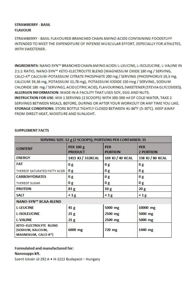 Nanosupps Amino Acid BCAA Nano (420 g, Strawberry-Basil)