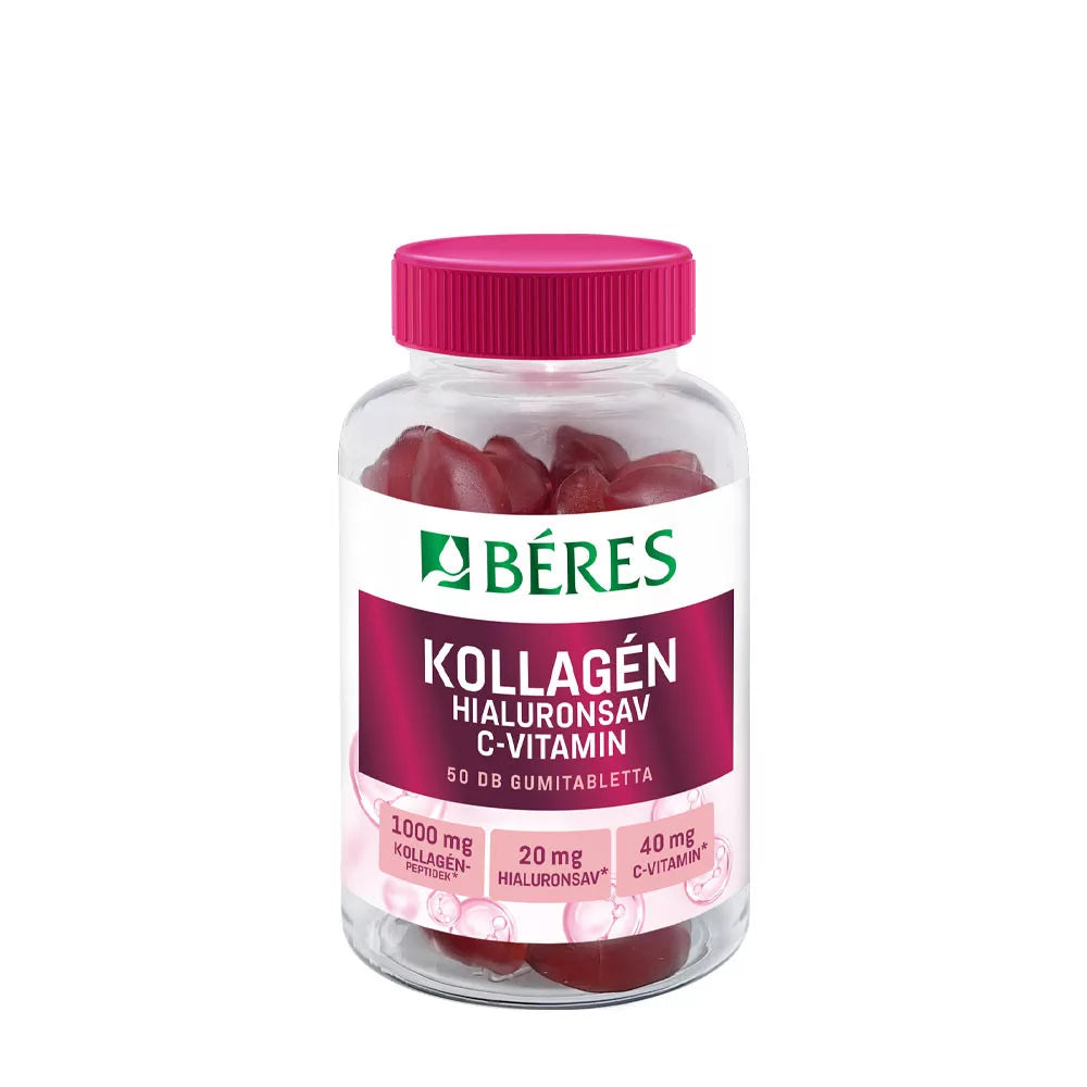 Béres Collagen, Hyaluronic Acid, Vitamin C Sugar-free Gummies (50 Gummies, Strawberry)