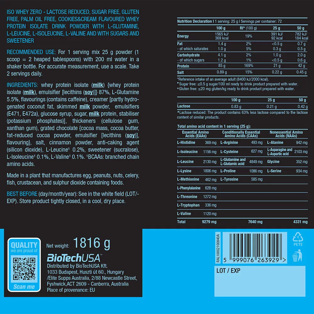 BioTechUSA Iso Whey Zero (1816 g, Cookies & Cream)