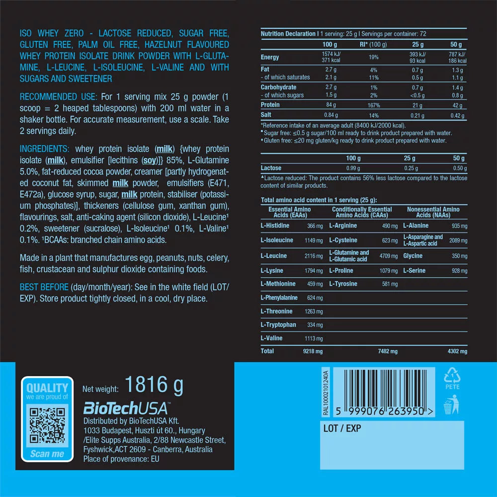 BioTechUSA Iso Whey Zero (1816 g, Hazelnut)