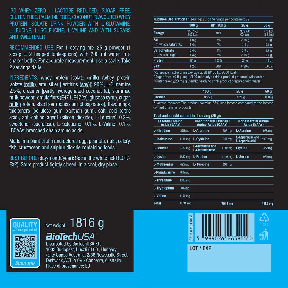 BioTechUSA Iso Whey Zero (1816 g, Coconut)