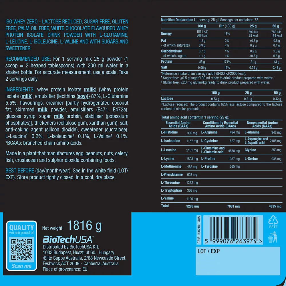BioTechUSA Iso Whey Zero (1816 g, White Chocolate)
