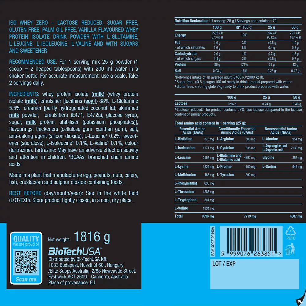 BioTechUSA Iso Whey Zero (1816 g, Vanilla)