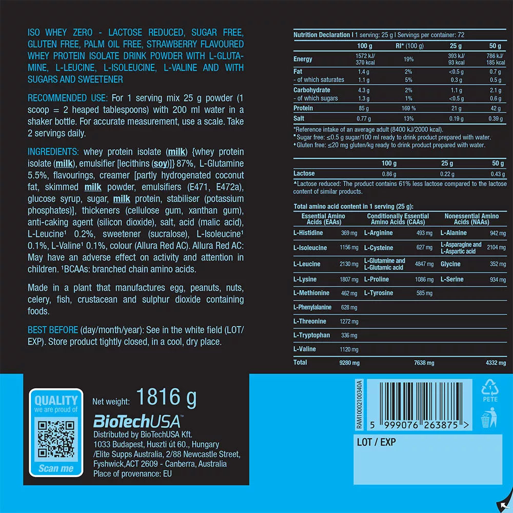 BioTechUSA Iso Whey Zero (1816 g, Strawberry)