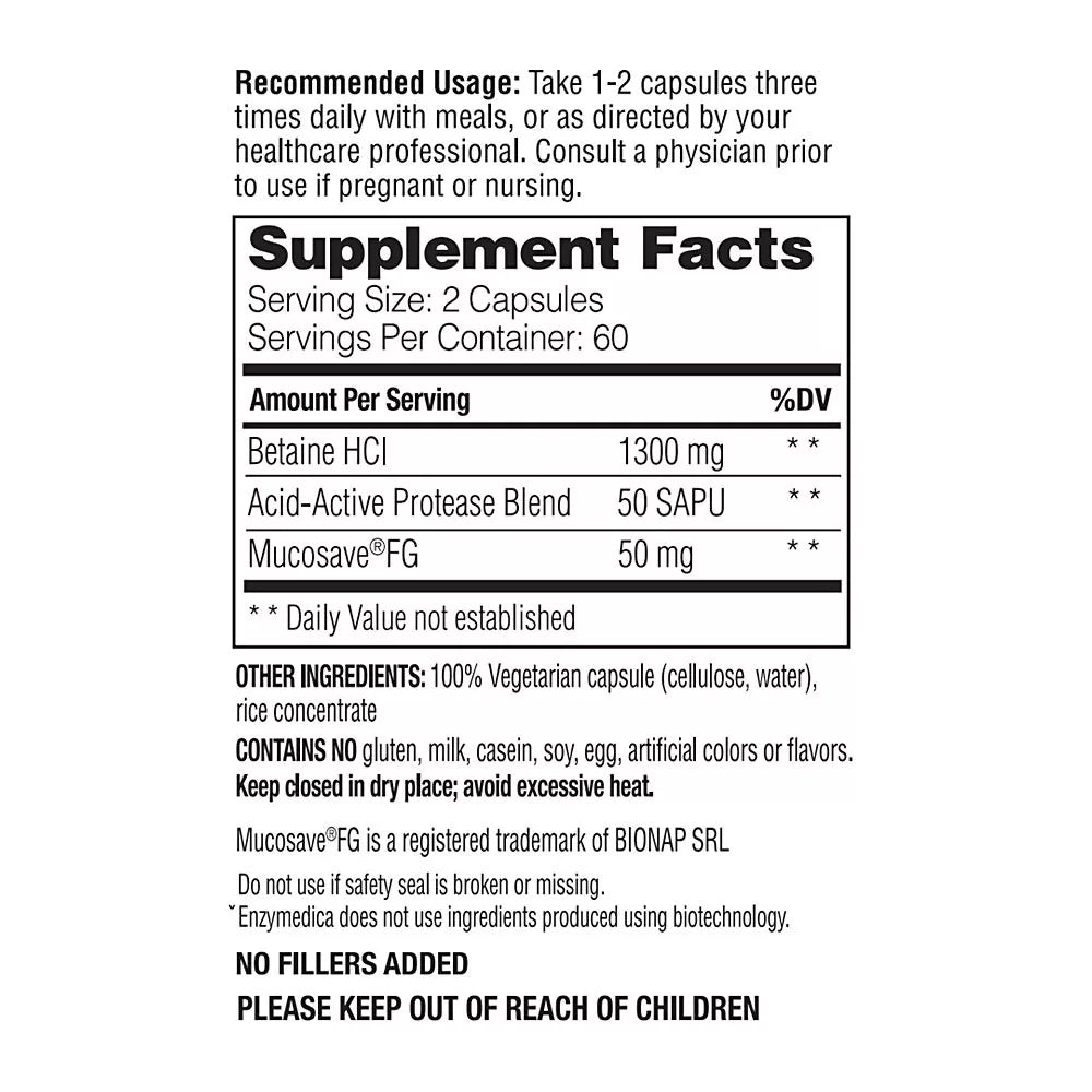 Enzymedica Betaine HCl (120 Capsules)