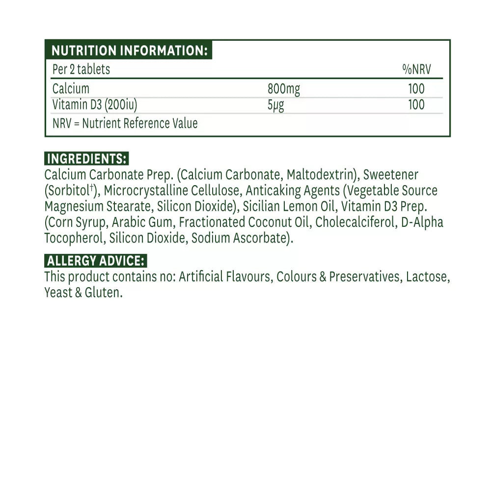 Natures Aid Chewable Calcium 400 mg + Vitamin D (60 Tablets)