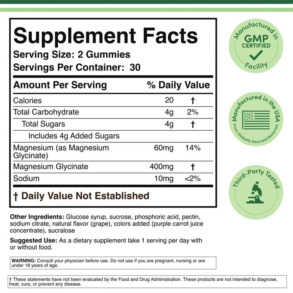 Double Wood Supplements Magnesium Glycinate Gummies (60 Gummies, Grape)
