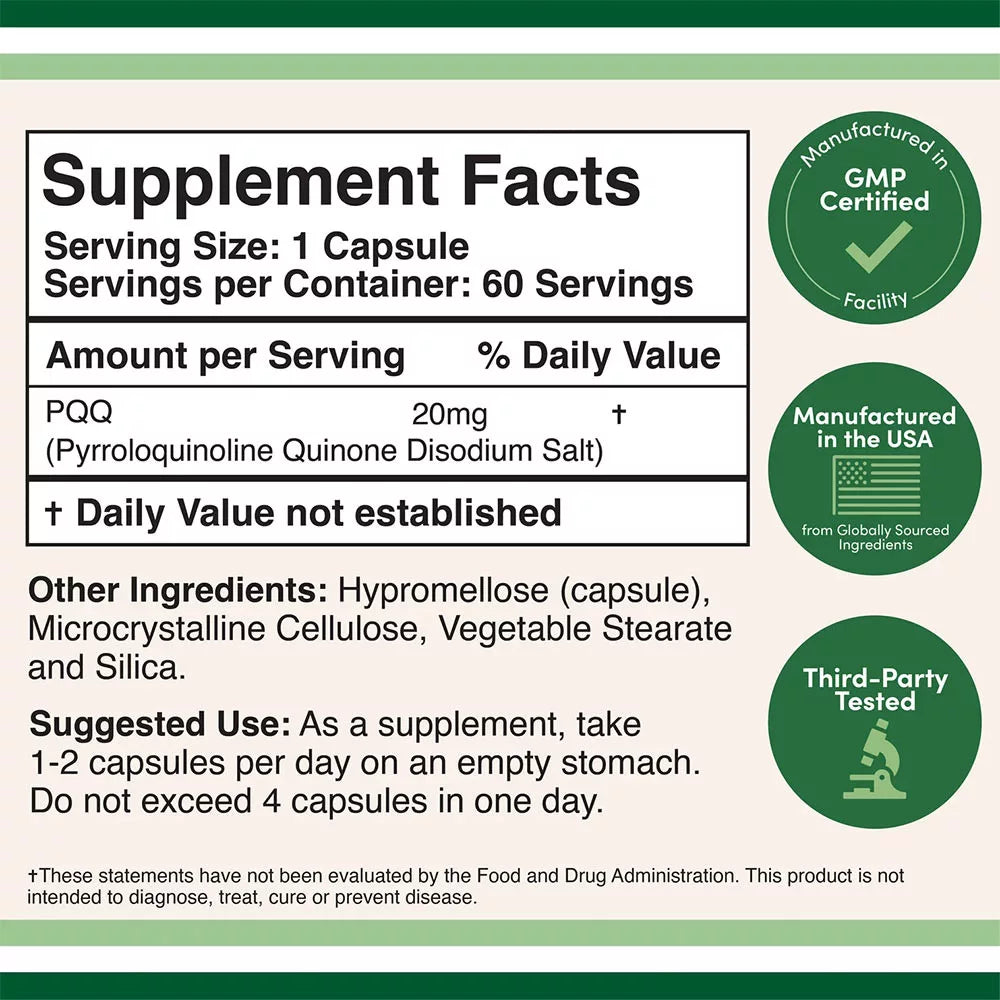 Double Wood Supplements PQQ (Pyrroloquinoline quinone) (60 Capsules)
