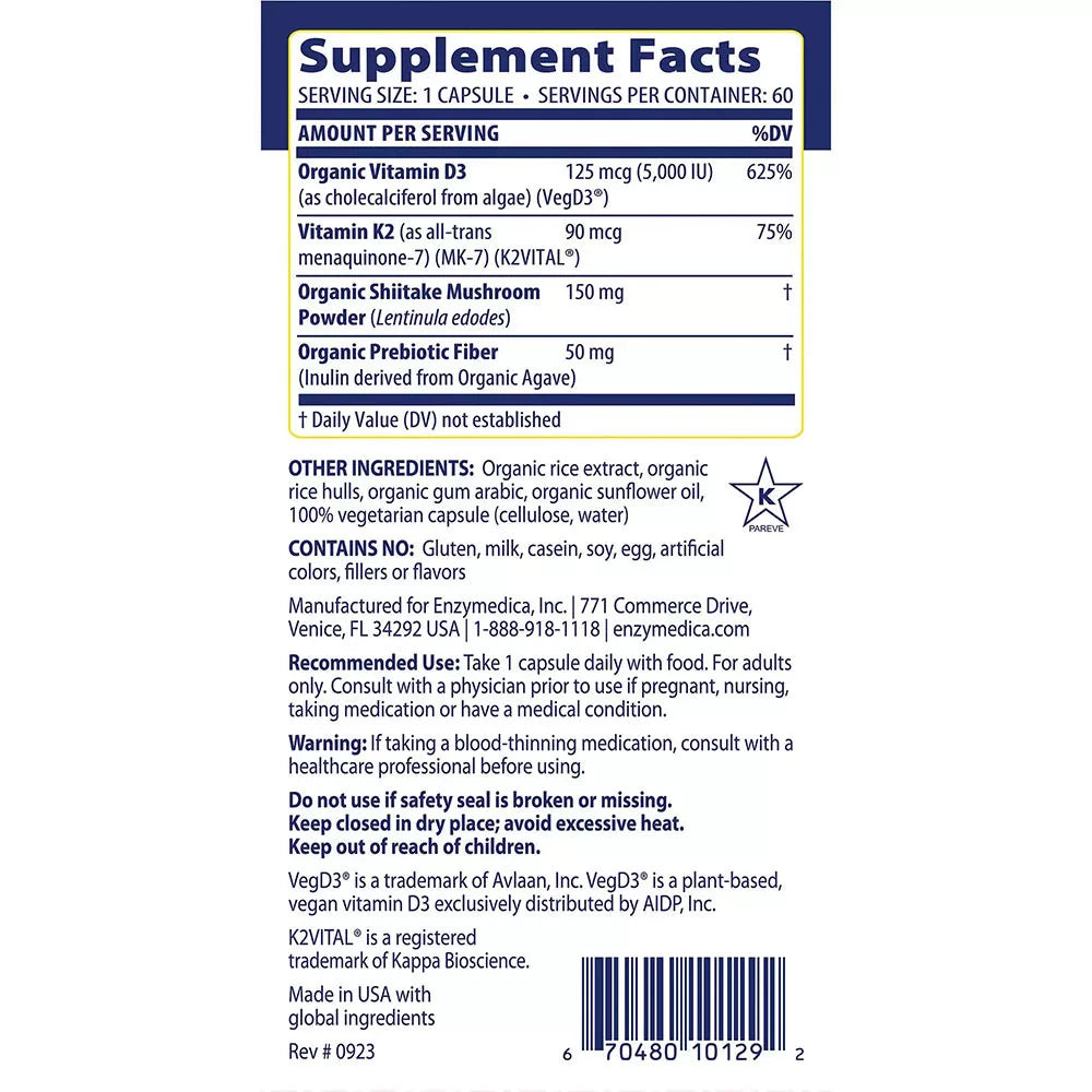 Enzymedica Vitamin D3 + Vitamin K2 (60 Capsules)