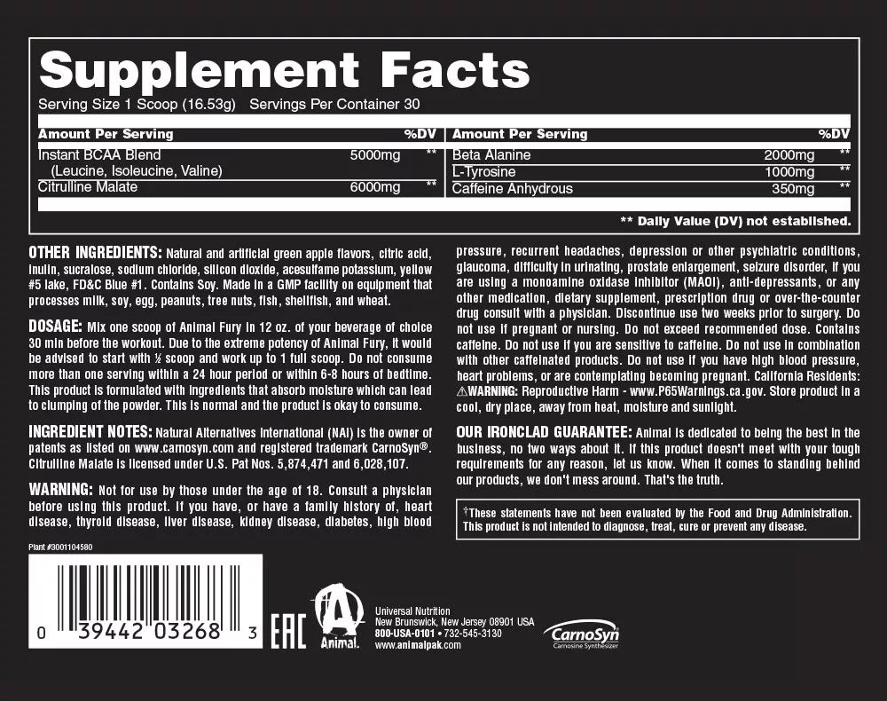 Universal Nutrition Animal Fury (496 g, Green Apple)
