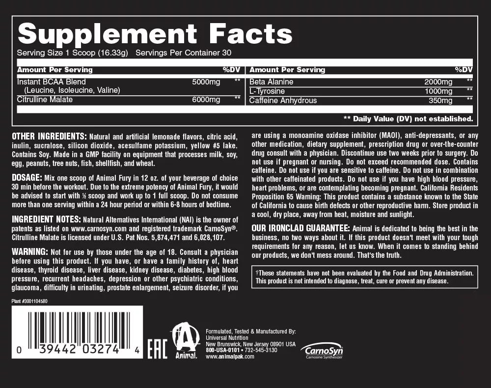 Universal Nutrition Animal Fury (492 g, Blue Raspberry)