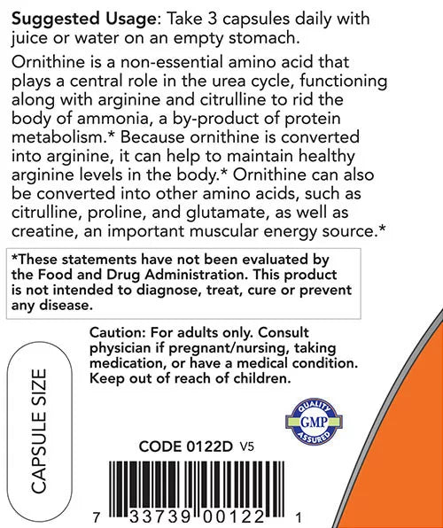 Now Foods L-Ornithine 500 mg (120 Veg Capsules)
