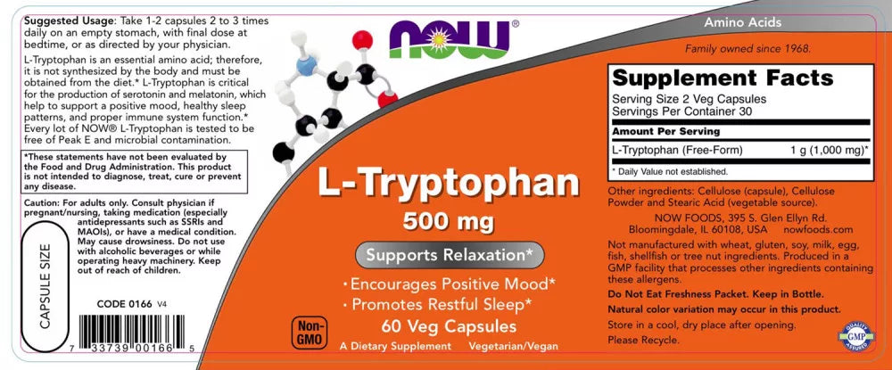 Now Foods L-Tryptophan 500 mg (60 Veg Capsules)