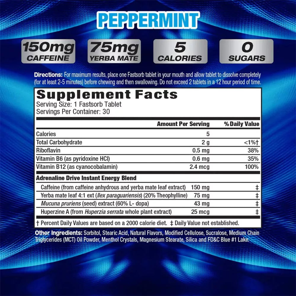 MHP Adrenaline Drive: Fast Acting Energy Mint (30 Tablets, Peppermint)