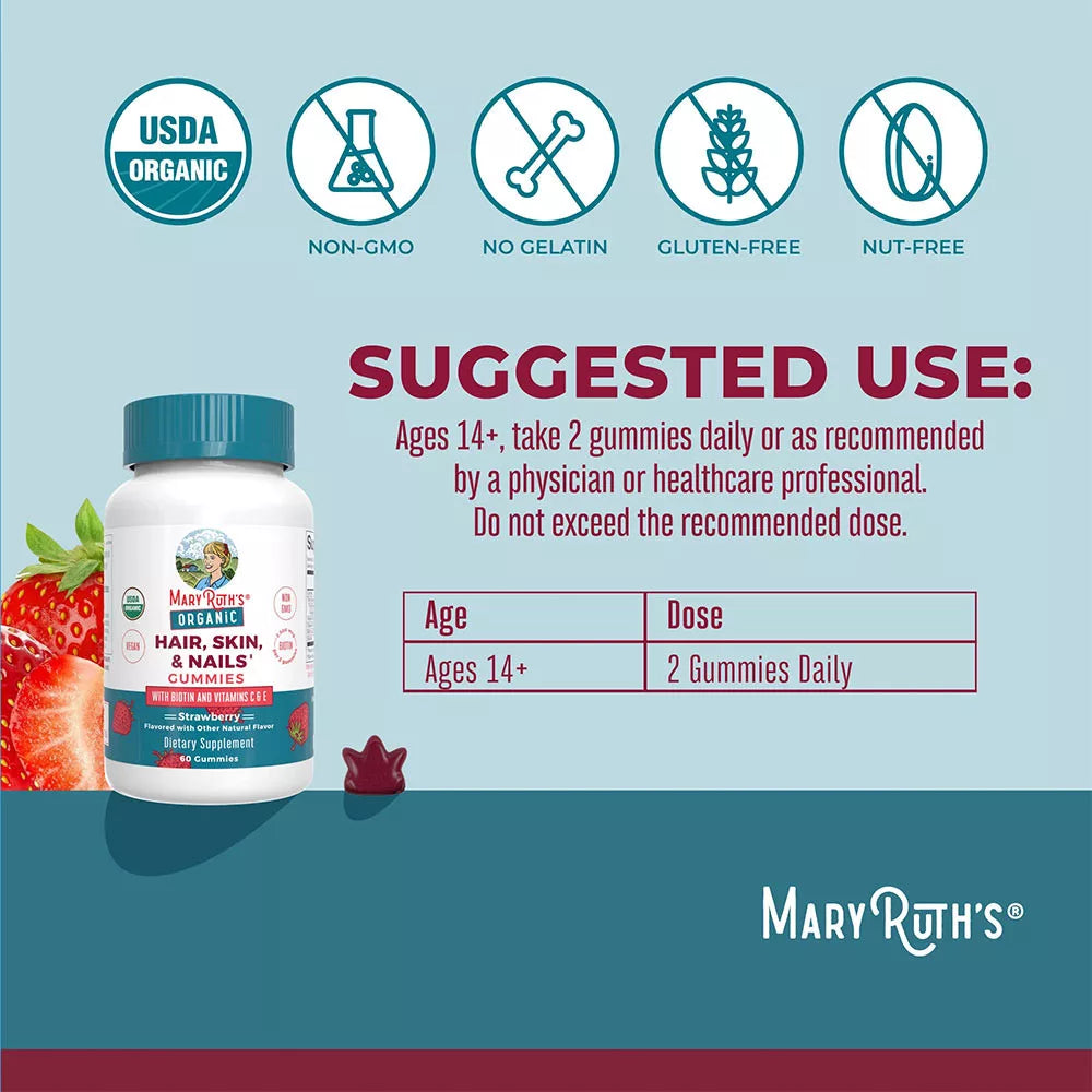 MaryRuth's Organic Hair, Skin, & Nails Gummies (60 Gummies, Strawberry)