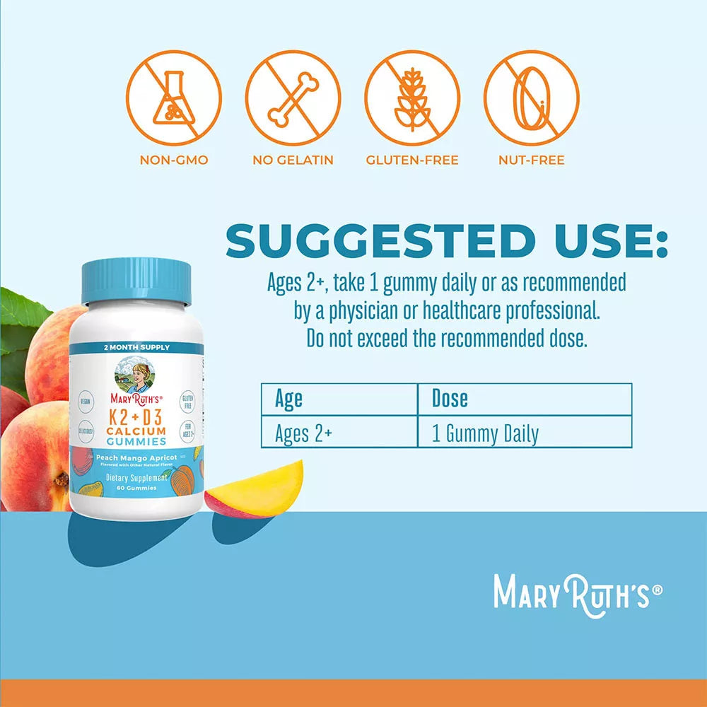 MaryRuth's K2 + D3 Calcium Gummies (60 Gummies, Peach Mango Apricot)