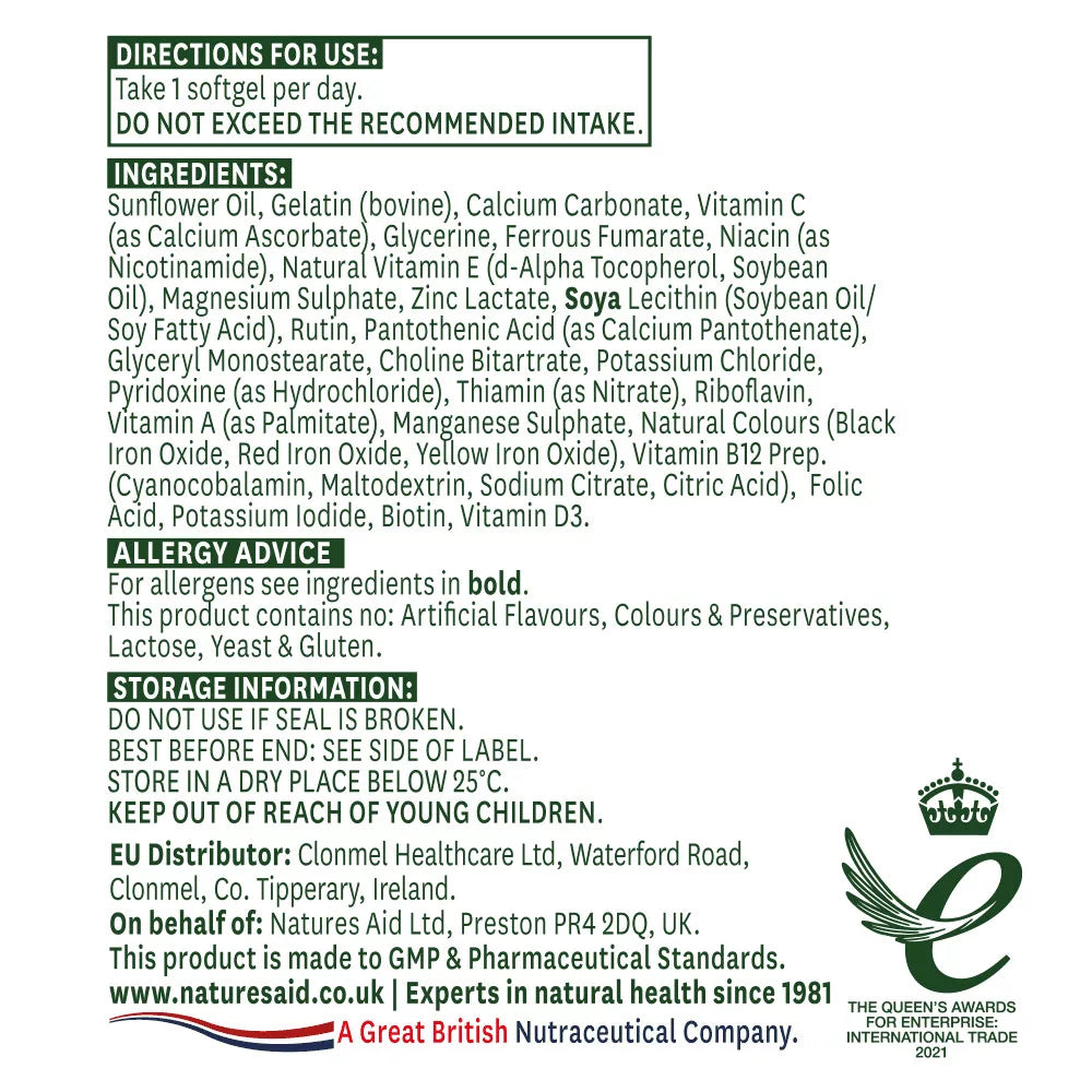 Natures Aid Multi-Vitamins & Minerals (with Iron) (90 Softgels)
