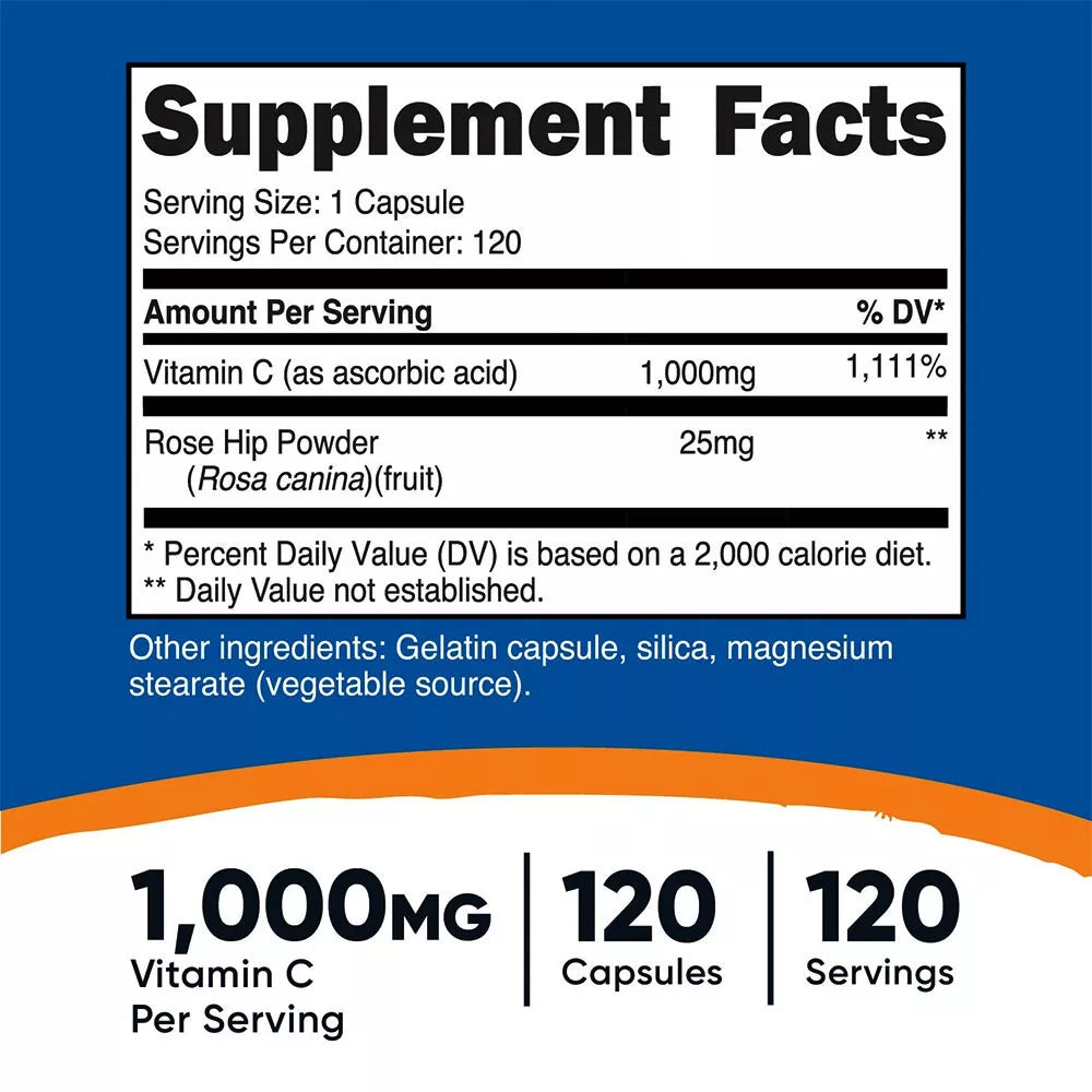 Nutricost Vitamin C with Rose Hips Capsules (120 Capsules)