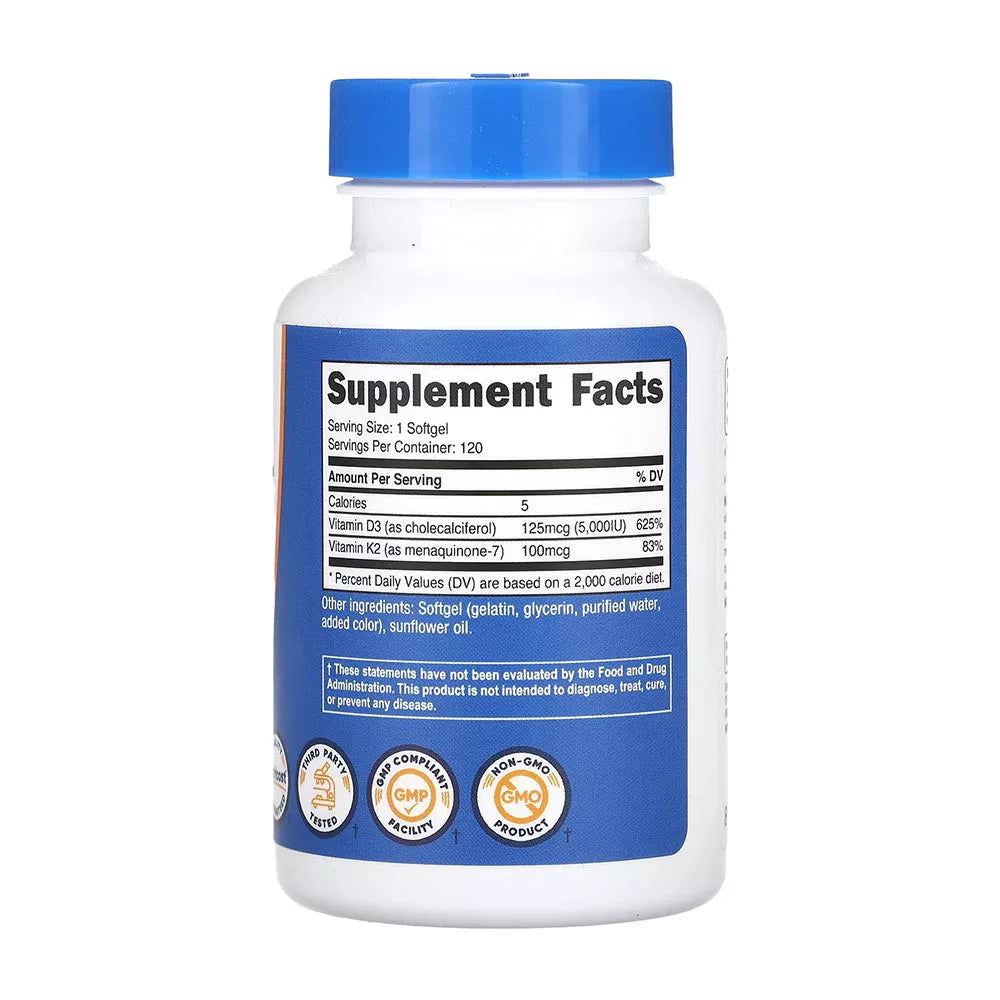 Nutricost Vitamin K2 (MK7) (100 mcg) + Vitamin D3 (5000 IU) (120 Softgels)