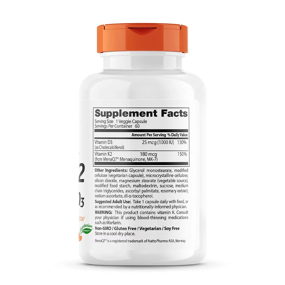 Doctor's Best Natural Vitamin K2 (MK7) 180 mcg + D3 1000 IU (60 Veggie Capsules)